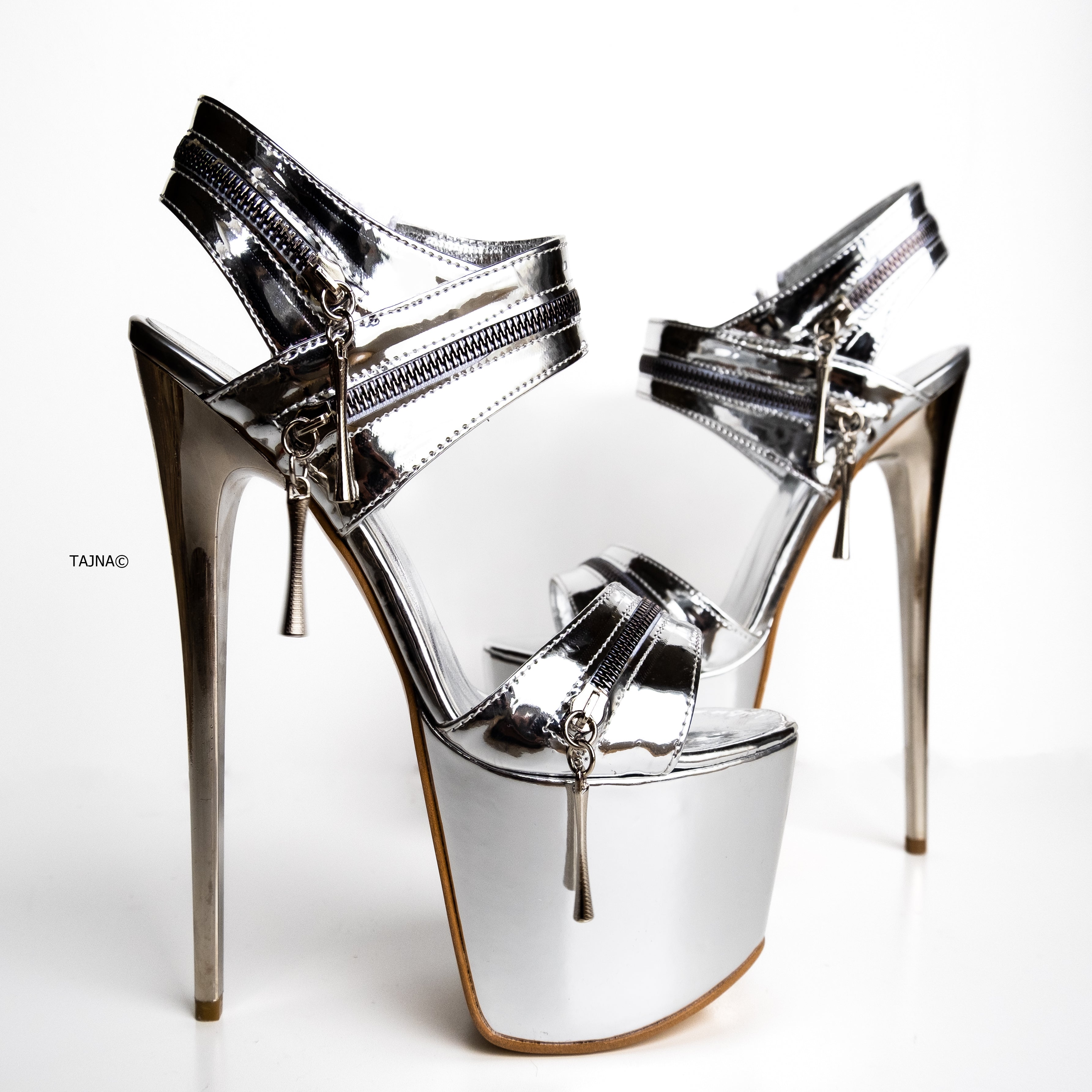 Silver High Heel Sandals with Zipper Detail