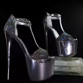 Silver leather high heel sandals for women