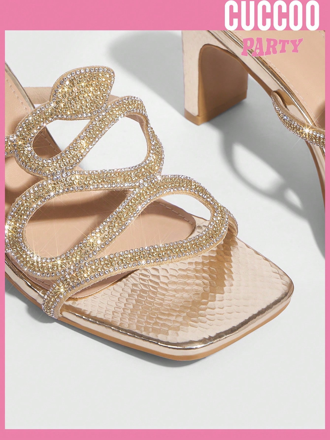 Snake Diamante Strap Open Toe Square Heel Sandals for Spring and Summer Prom Shoes