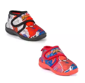 Spiderman bedroom slippers for kids. Red and grey. Marvel Comics theme.