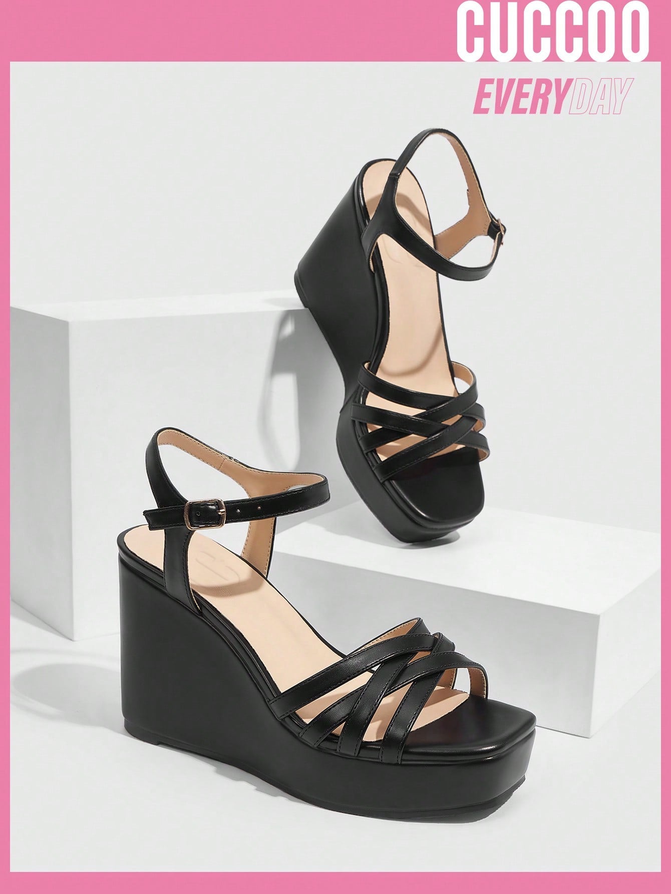 Spring Summer Black Strappy Wedge Sandals Women's Fashion