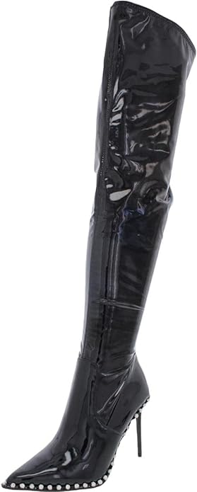 Steve Madden Vyva Black Patent Stiletto Over The Knee Boots with Embellishments