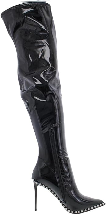 Steve Madden Vyva Black Patent Stiletto Over The Knee Boots with Embellishments