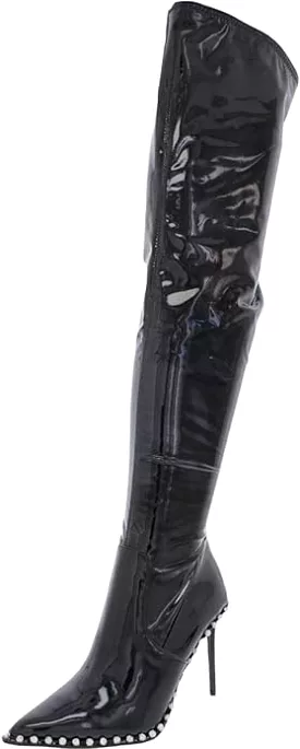 Steve Madden Vyva Black Patent Stiletto Over The Knee Boots with Embellishments