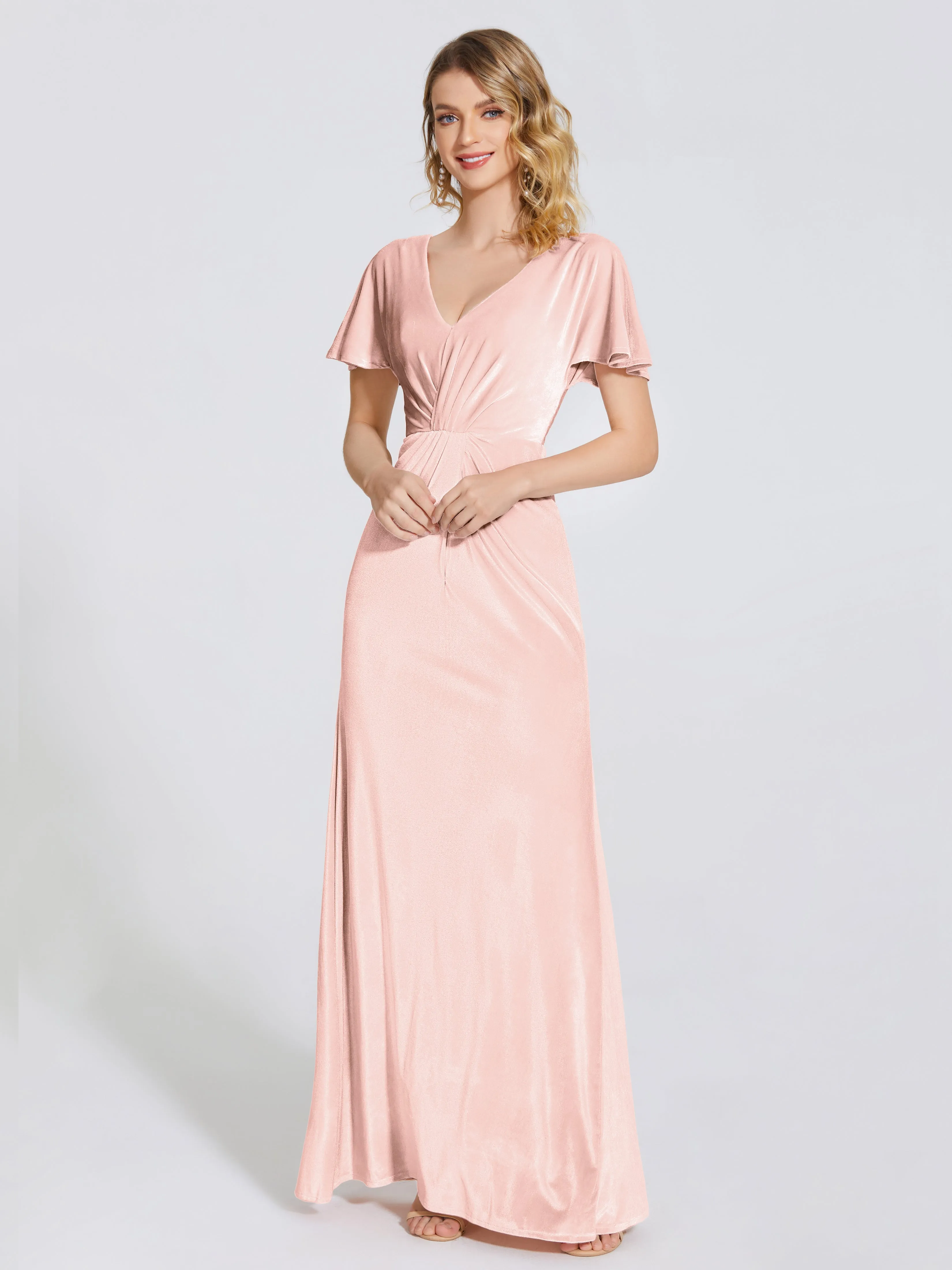 Summer Siren Backless Short Sleeve Velvet Bridesmaid Dress