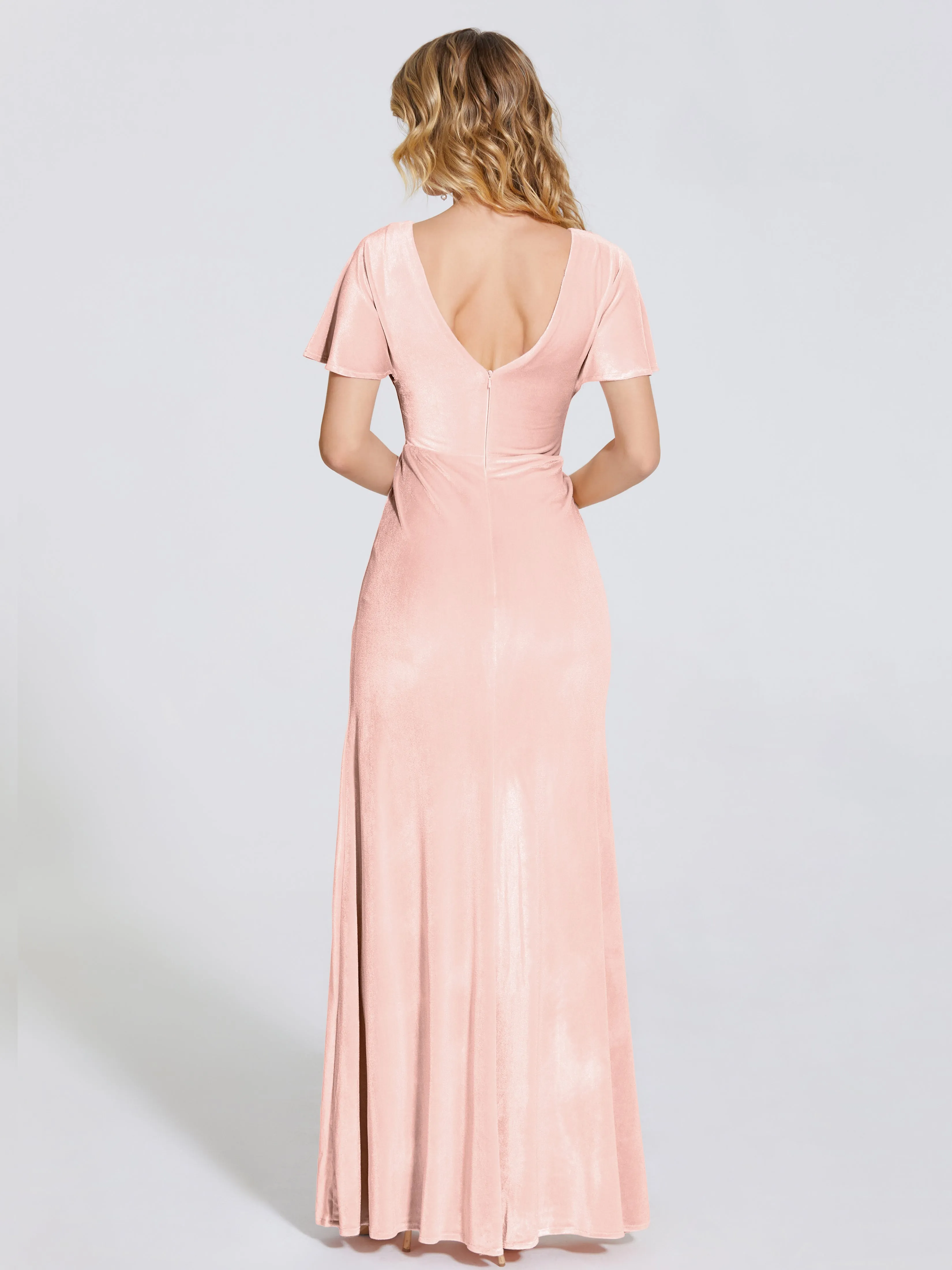 Summer Siren Backless Short Sleeve Velvet Bridesmaid Dress