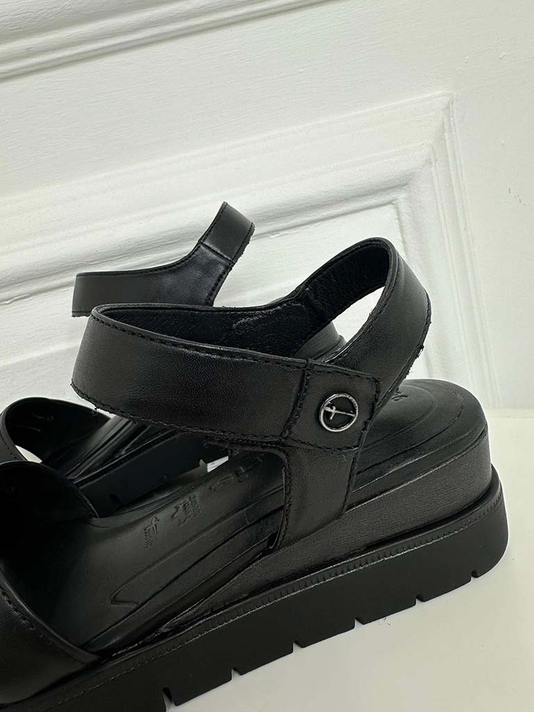 Tamaris Black Leather Wedge Sandals