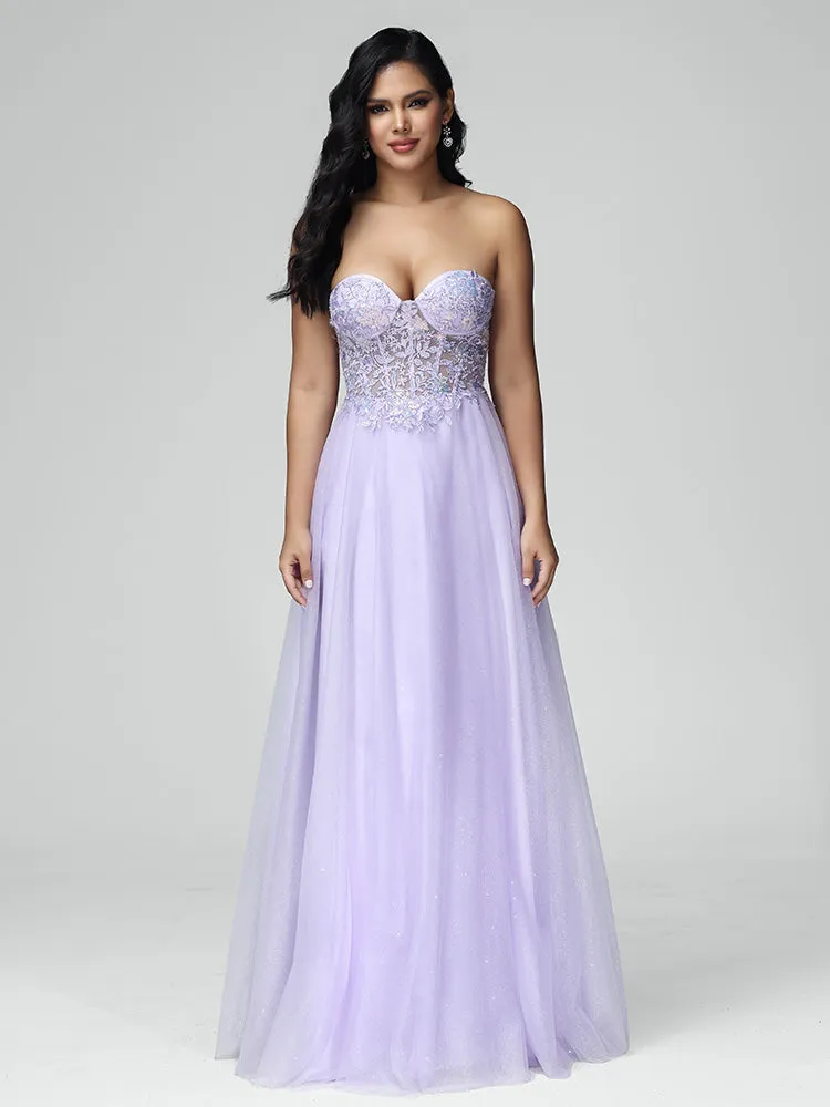 A-line Off-Shoulder Tulle Sequins and Lace Lilac Evening Dress