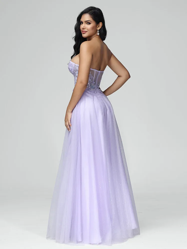 A-line Off-Shoulder Tulle Sequins and Lace Lilac Evening Dress