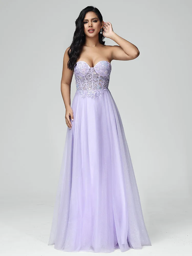 A-line Off-Shoulder Tulle Sequins and Lace Lilac Evening Dress