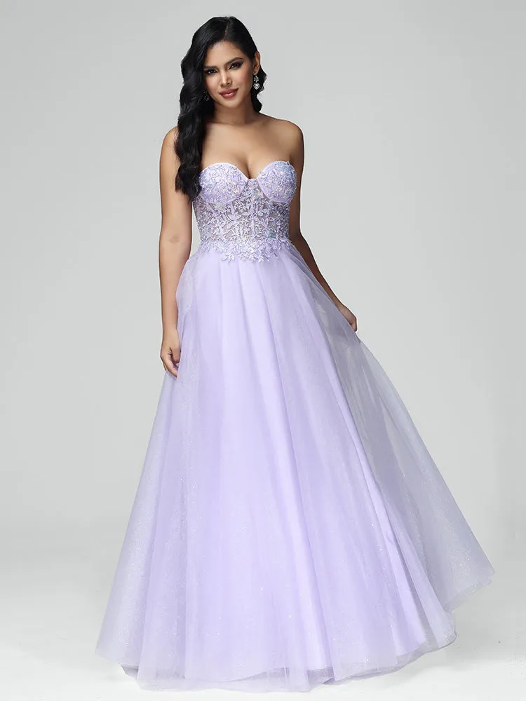 A-line Off-Shoulder Tulle Sequins and Lace Lilac Evening Dress