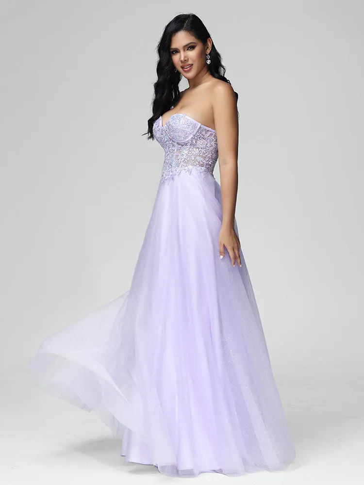 A-line Off-Shoulder Tulle Sequins and Lace Lilac Evening Dress