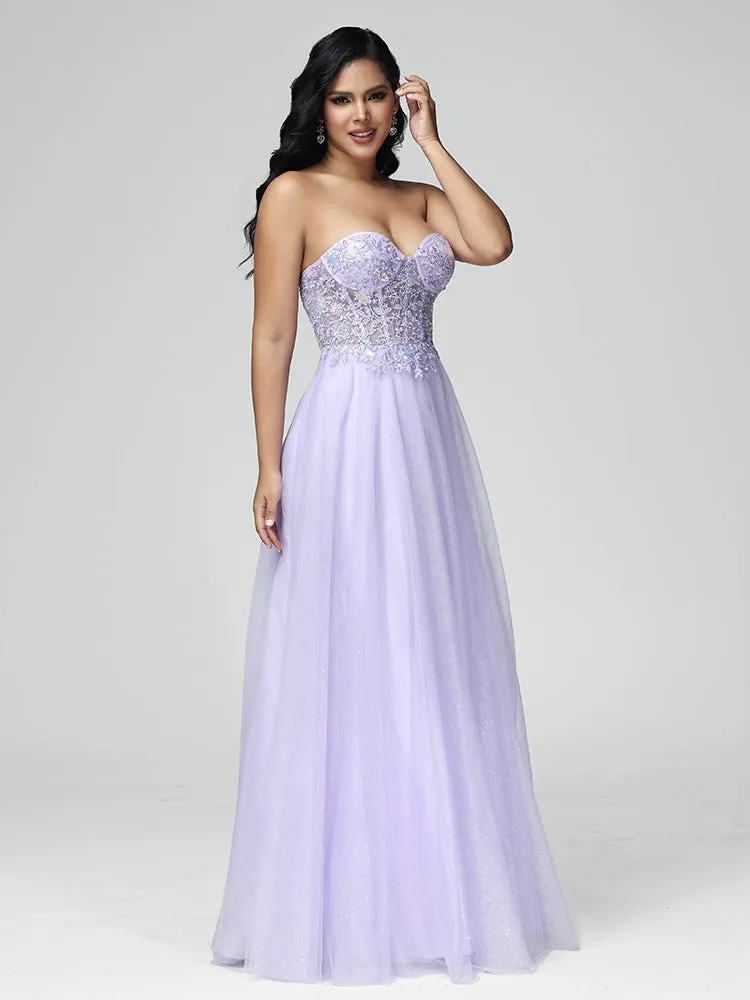 A-line Off-Shoulder Tulle Sequins and Lace Lilac Evening Dress