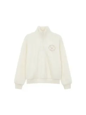 Cream Half Zipper Fleece Sweatshirt for Women