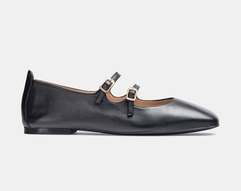 UNISA Black Leather Mary Jane Ballet Flat Shoe