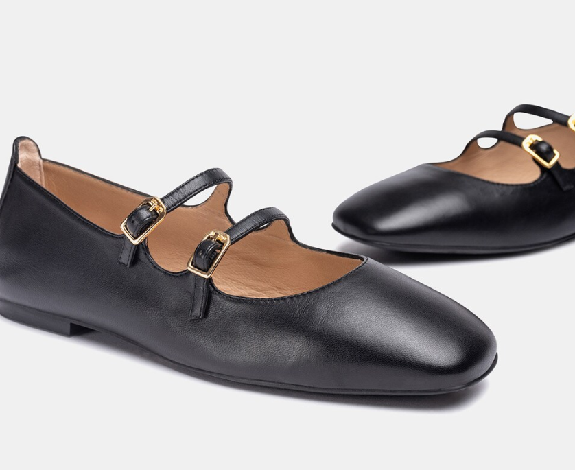 UNISA Black Leather Mary Jane Ballet Flat Shoe