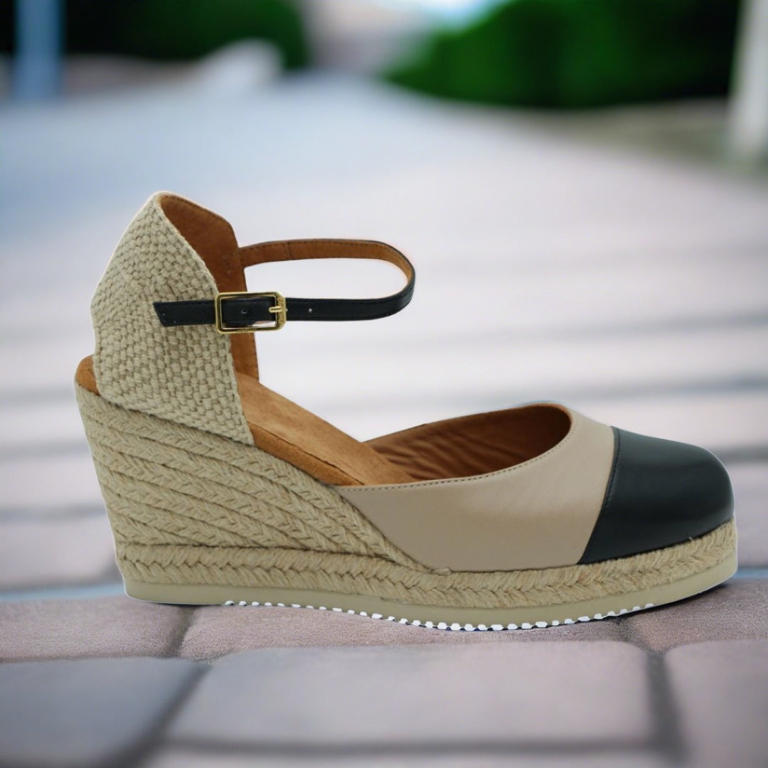 UNISA Camel Black Leather Espadrille CAVA