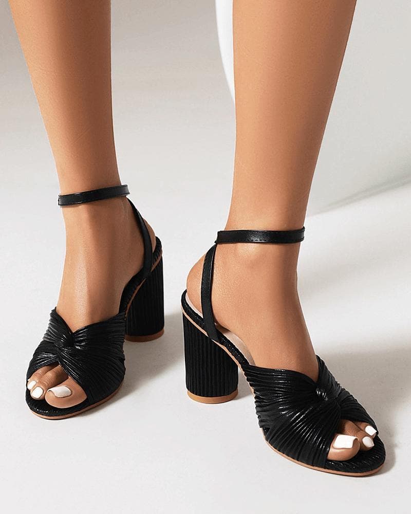 Web celebrity style sandals with adjustable buckle and chunky heel.