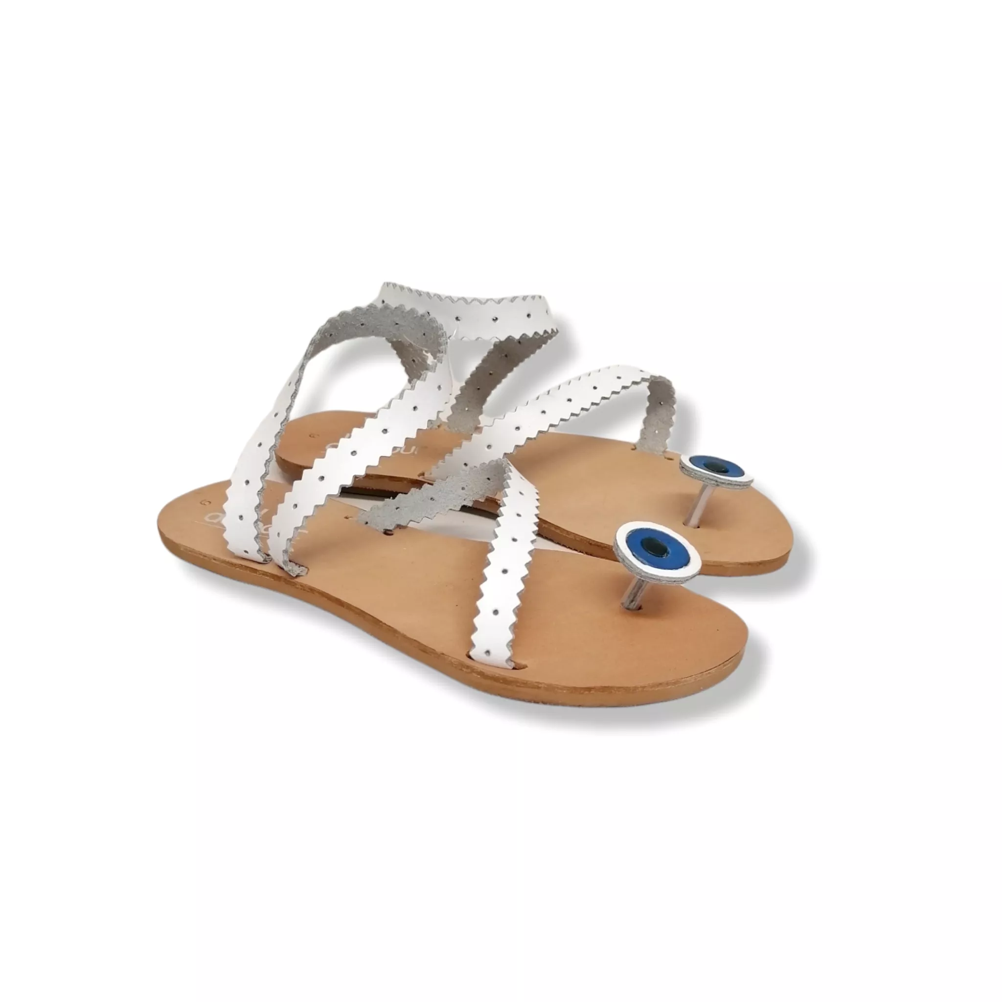 White flat leather sandals with evil-eye design