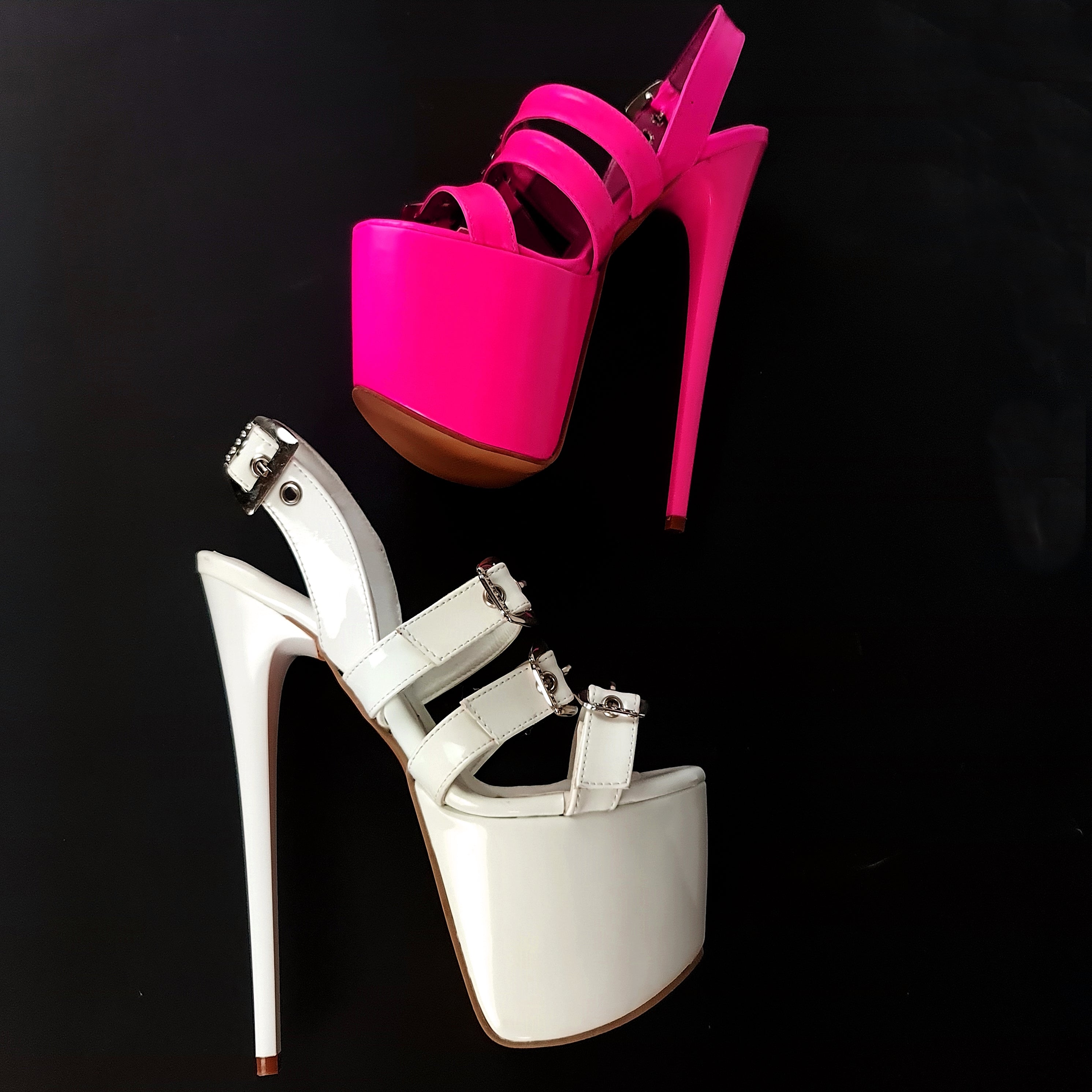 White Glossy High Heel Sandals with Multiple Belts