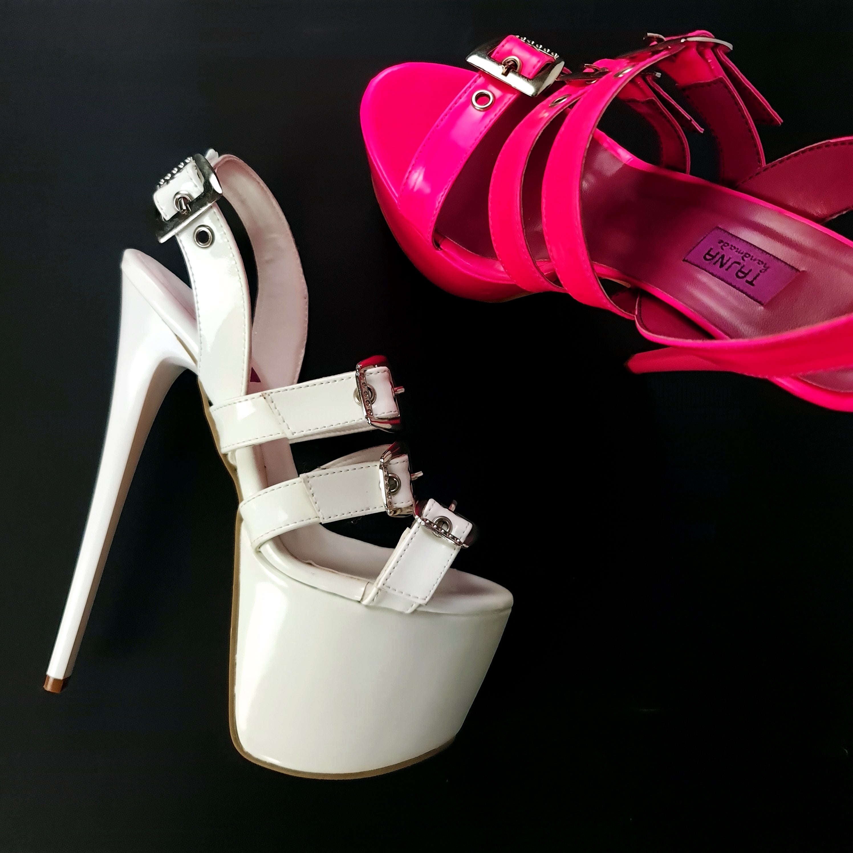 White Glossy High Heel Sandals with Multiple Belts