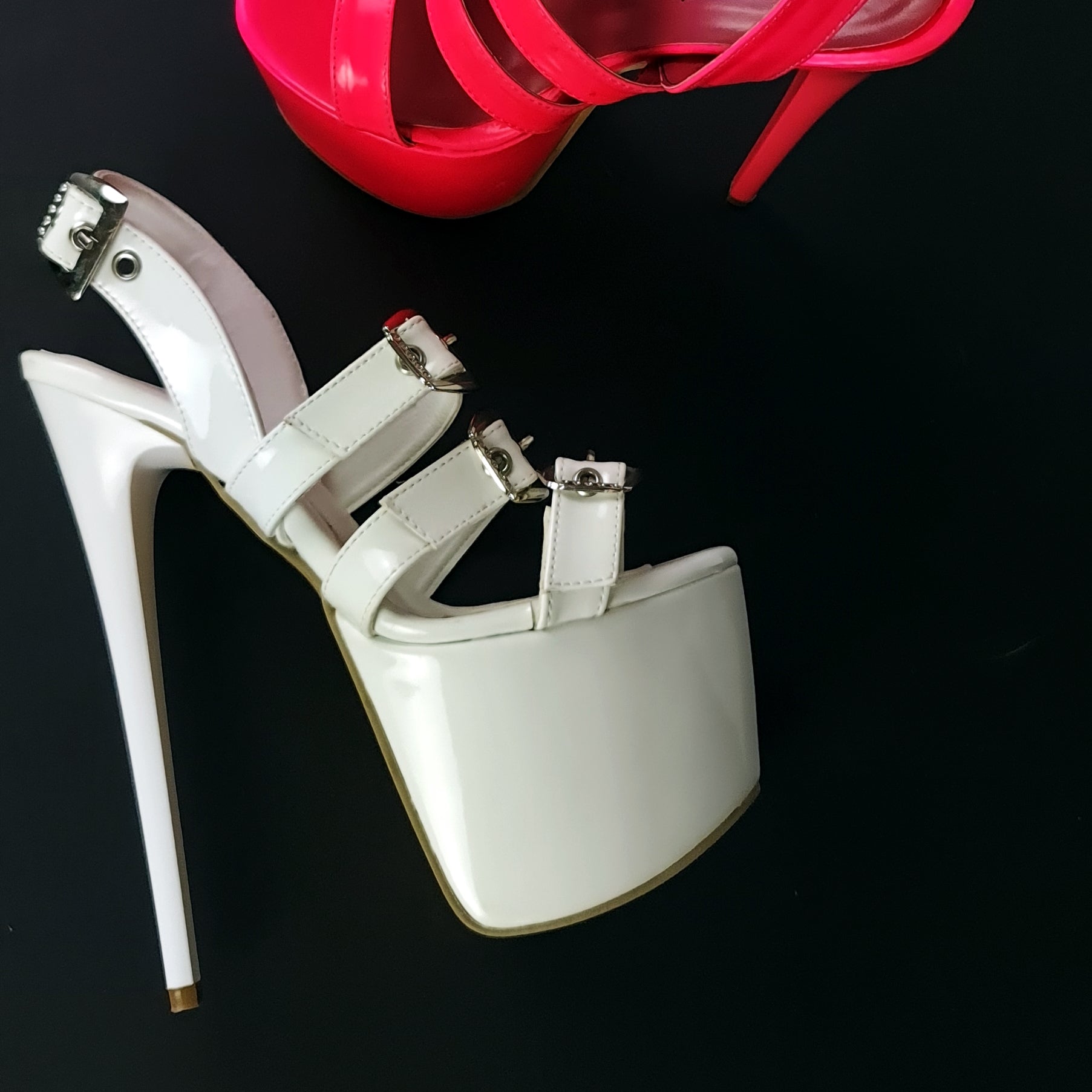 White Glossy High Heel Sandals with Multiple Belts