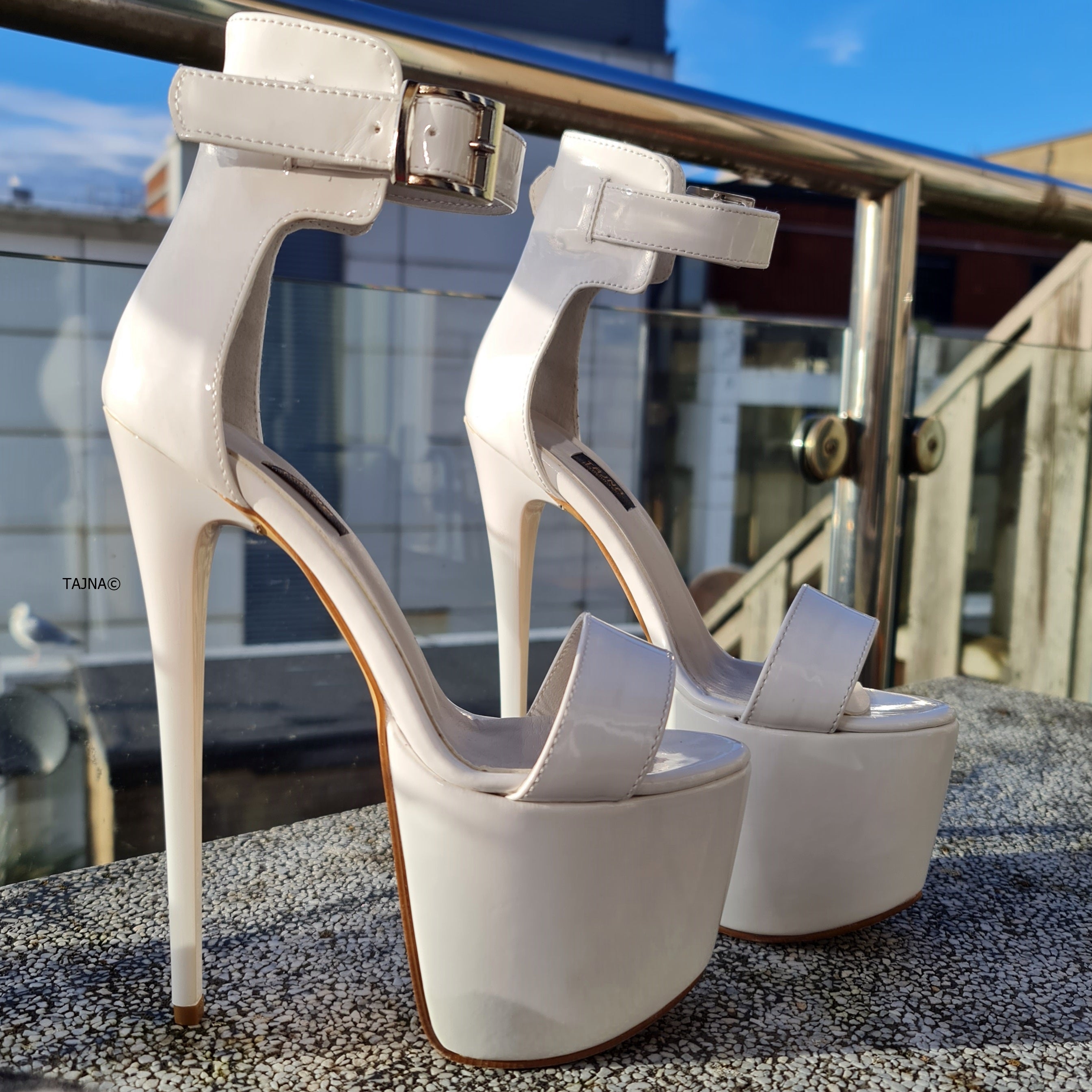 White High Heel Sandals, Glossy Ankle Belted Strap