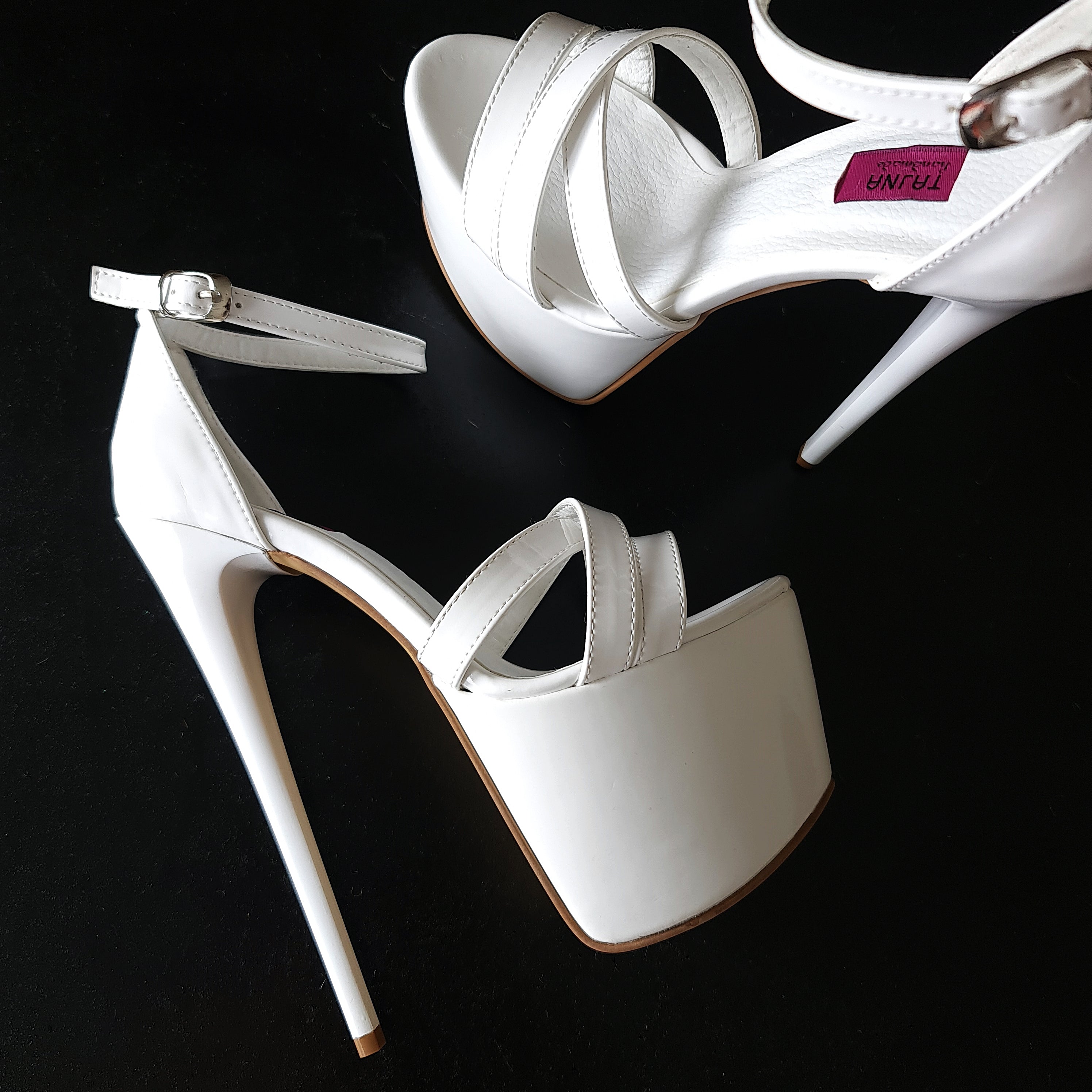 White High Heel Sandals with Glossy Cross Straps.