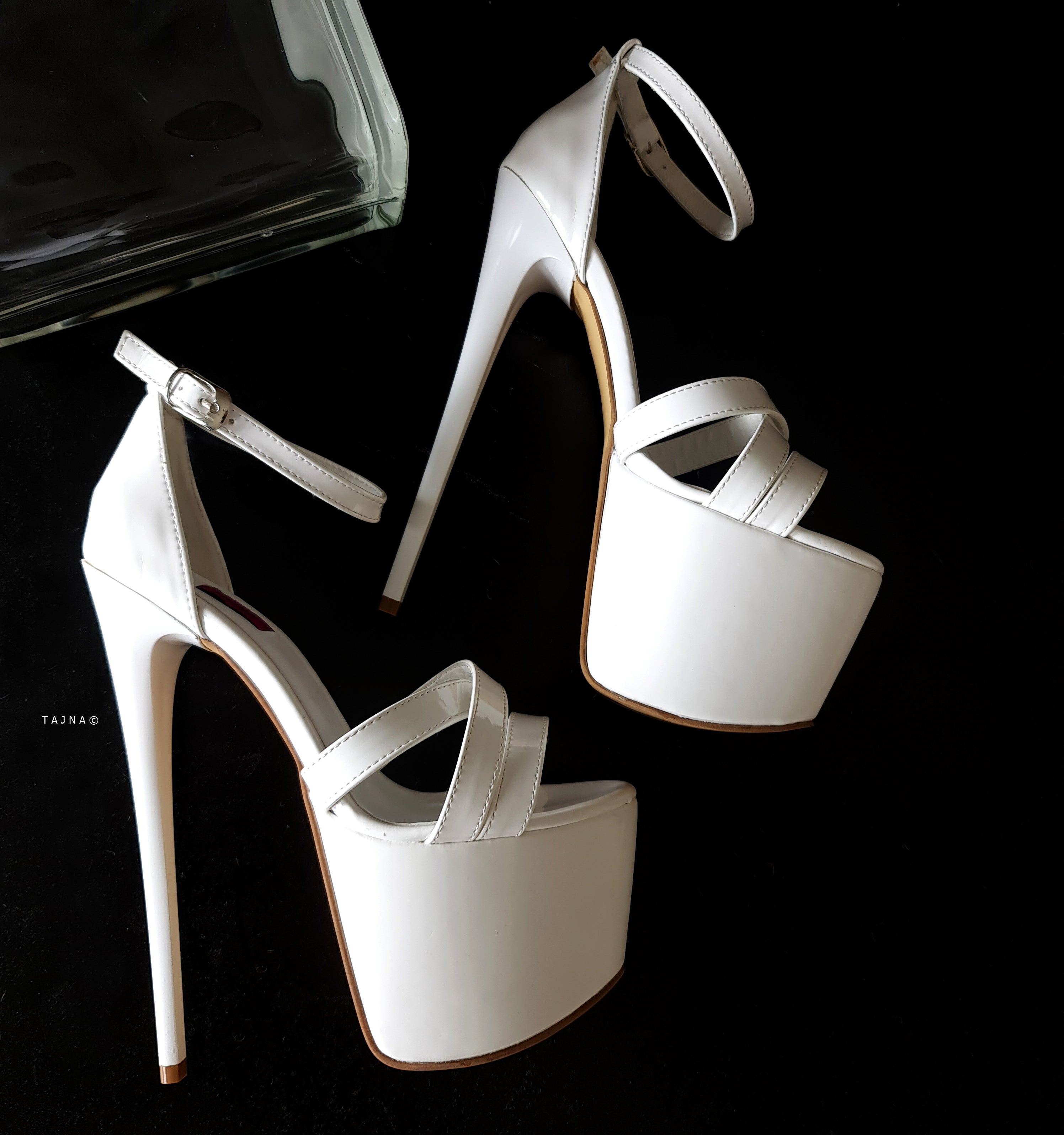 White High Heel Sandals with Glossy Cross Straps.