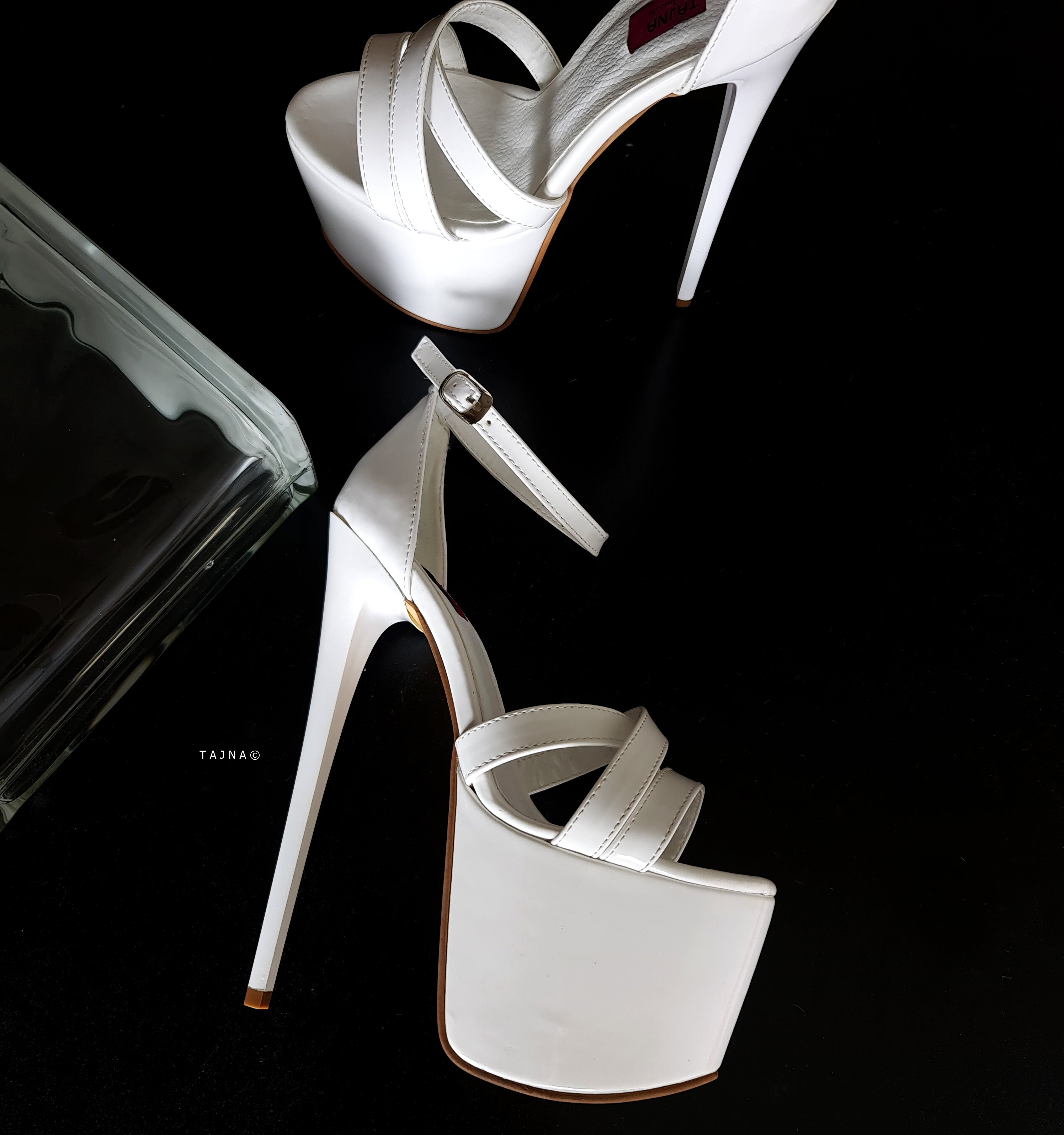 White High Heel Sandals with Glossy Cross Straps.