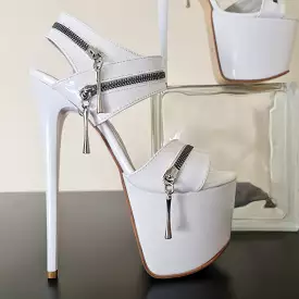 White High Heel Sandals with Glossy Zip Detail