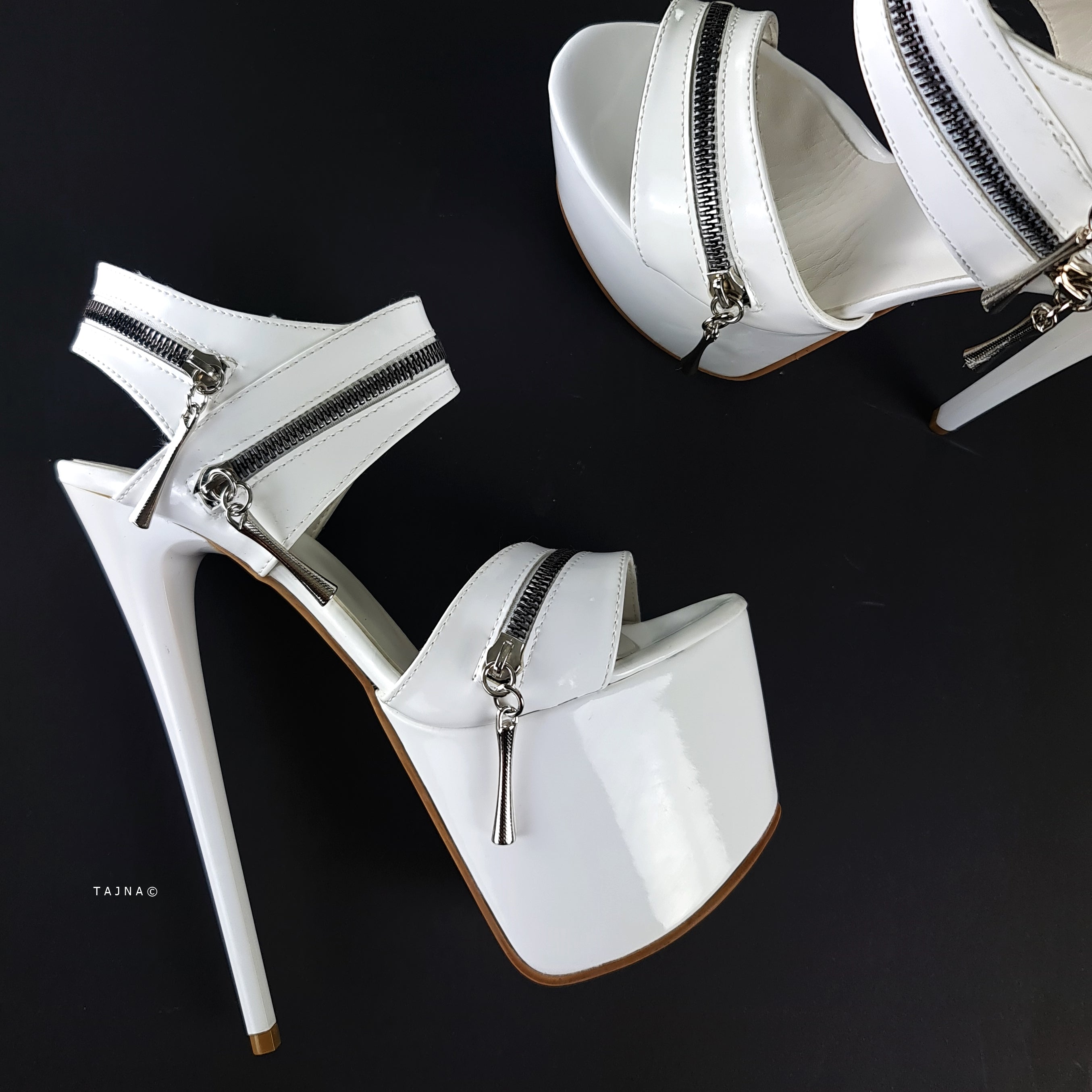 White High Heel Sandals with Glossy Zip Detail