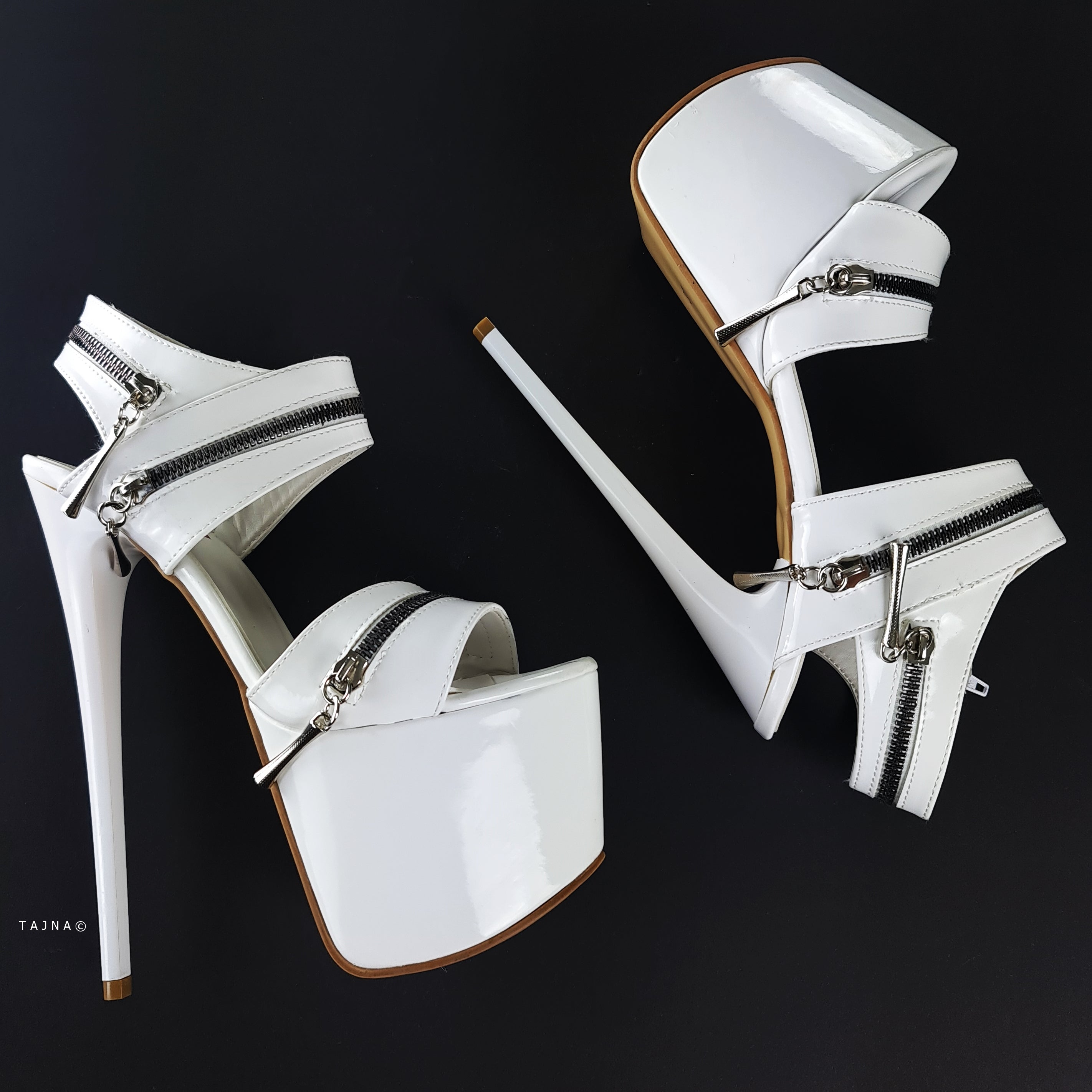 White High Heel Sandals with Glossy Zip Detail