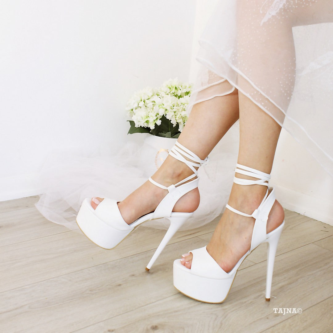 White Lace Up Heeled Sandals.