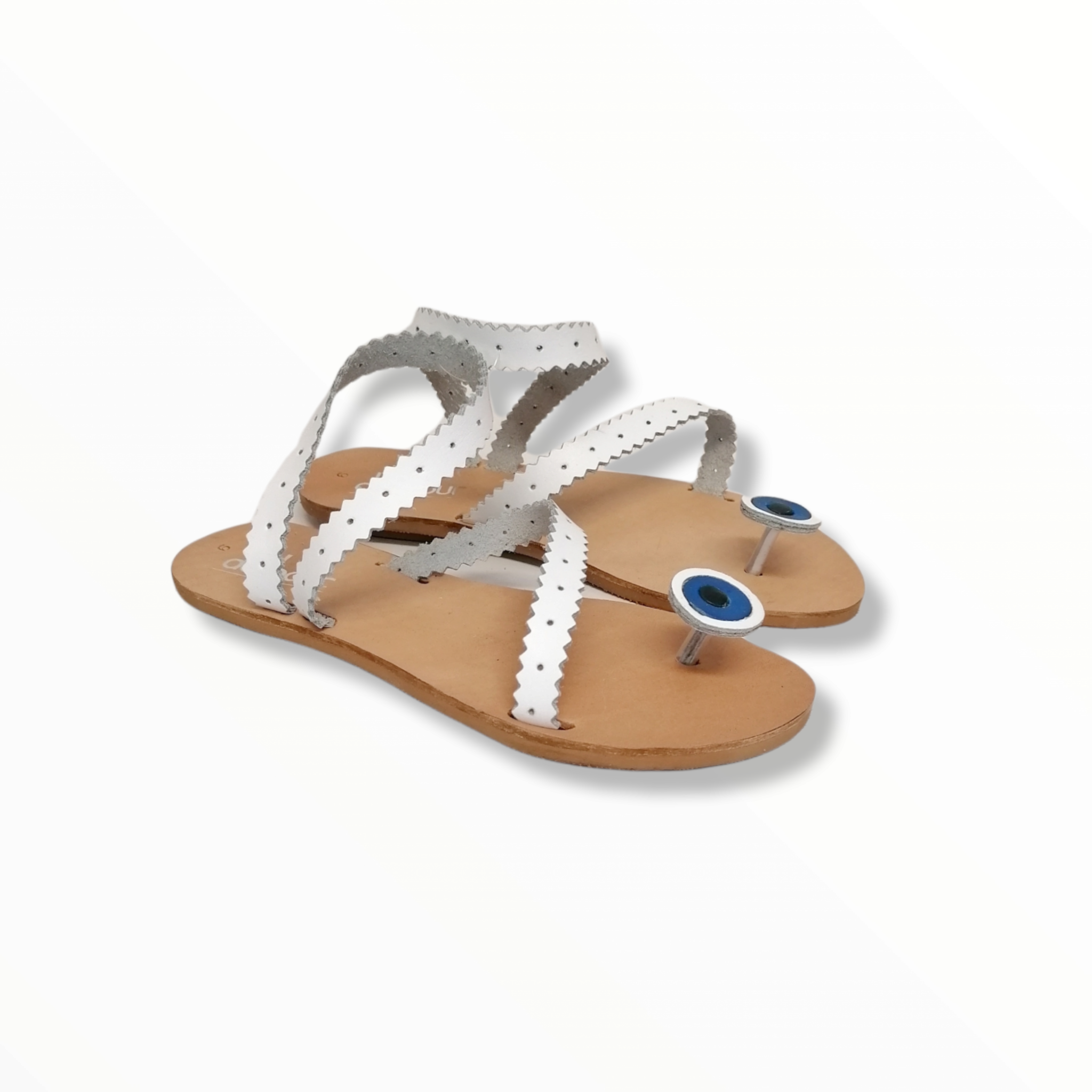 white leather sandals, evil eye design