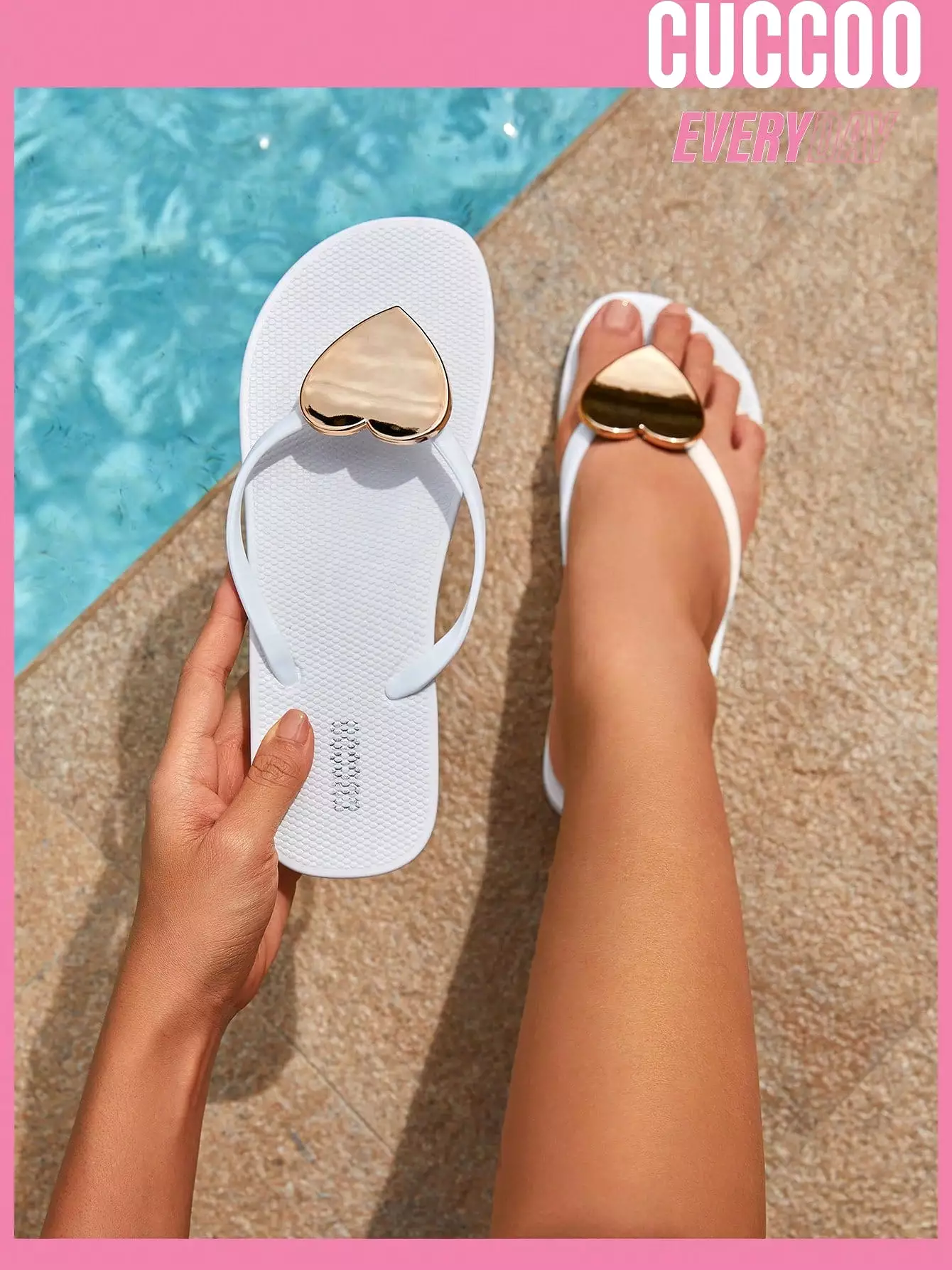 White PVC Flip Flops with Heart Decor for Women, Ideal for Spring and Summer