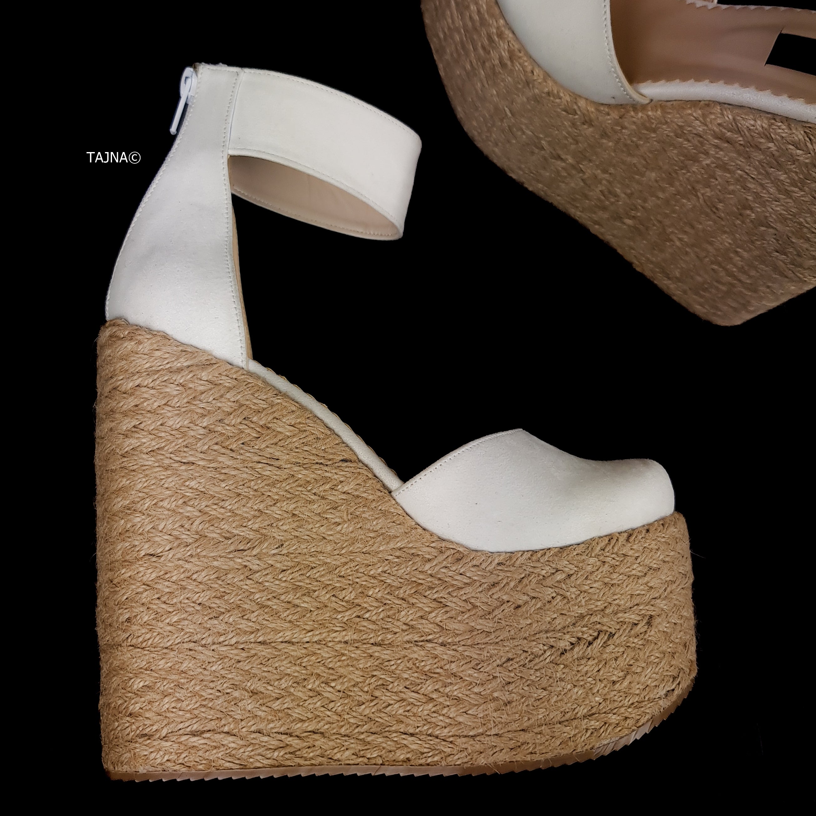 White Wedge Sandals - High Heel Platform - Suede