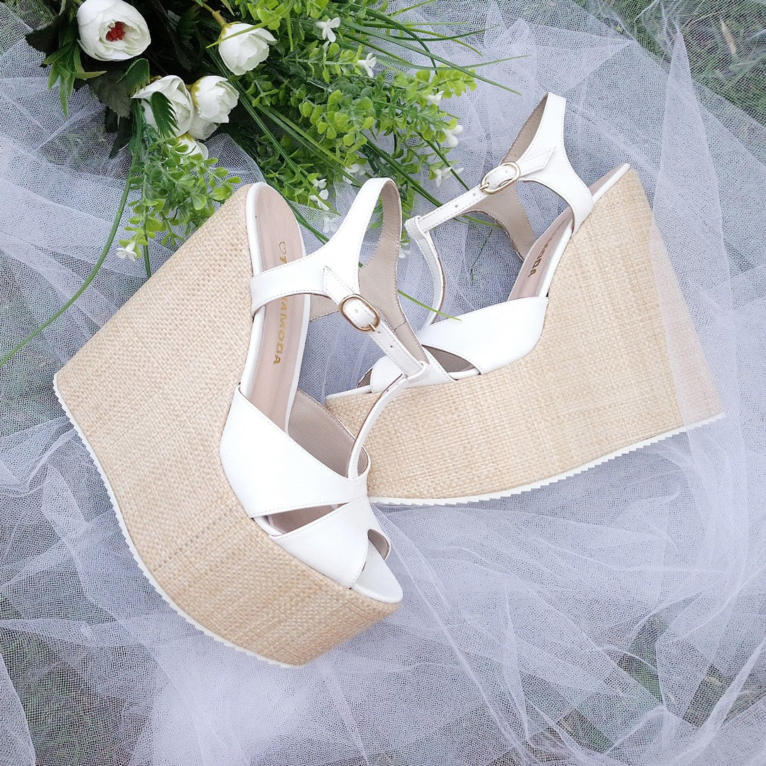 White wedge sandals with ankle strap for summer