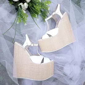 White wedge sandals with ankle strap for summer