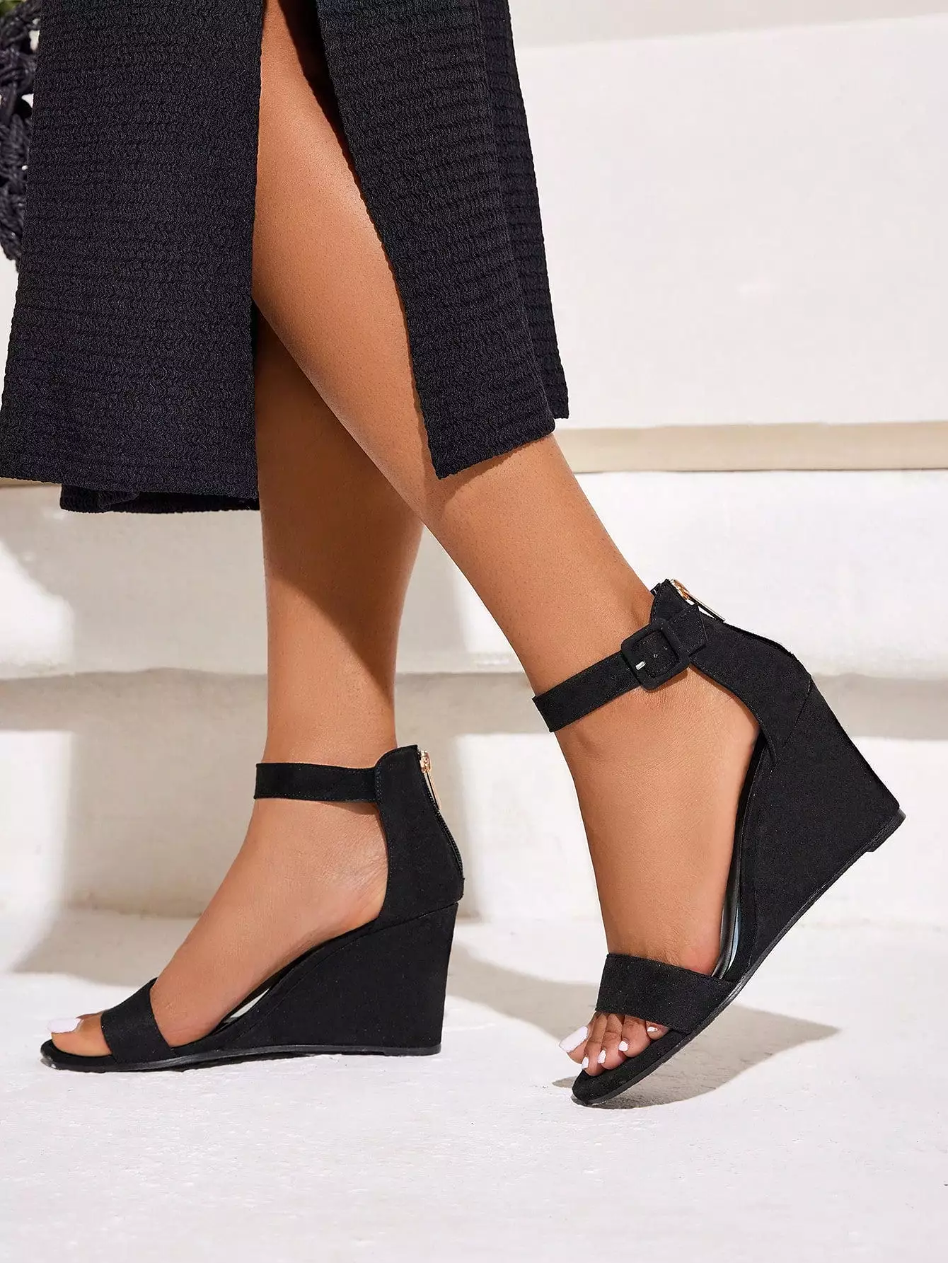 Woman Shoes Black Ankle Strap Wedge Sandals Spring Summer Fashion