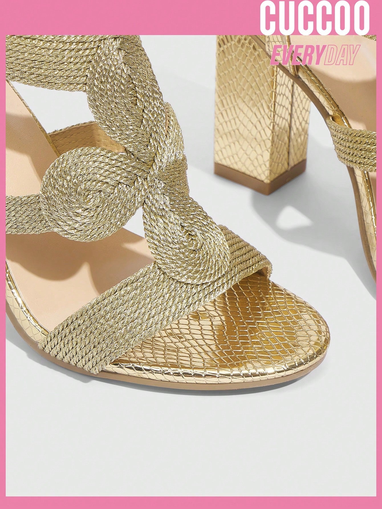 Women's gold braided high-heel sandals, handmade and fashionable footwear for spring and summer.