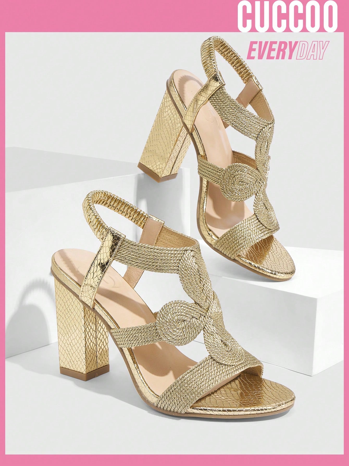 Women's gold braided high-heel sandals, handmade and fashionable footwear for spring and summer.