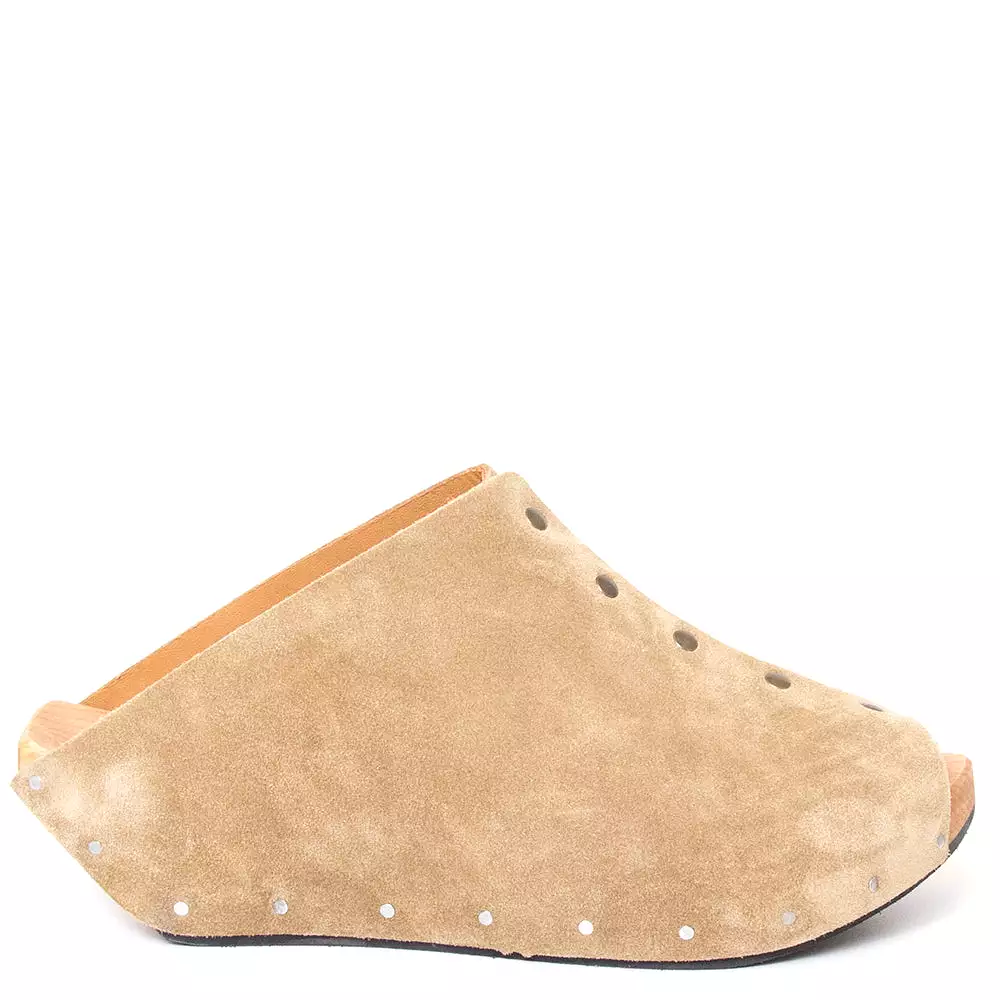 Women's wooden suede clog for showcasing