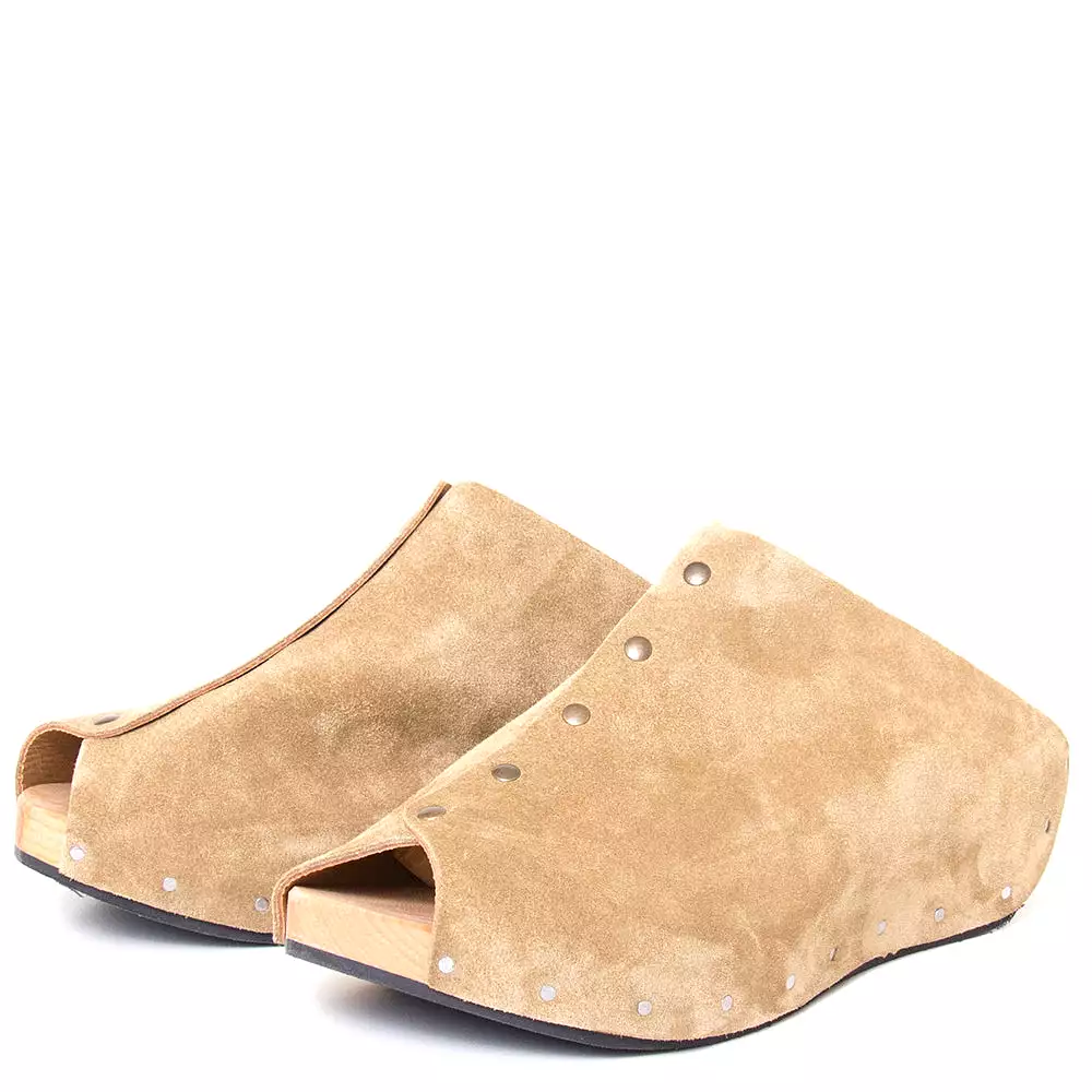 Women's wooden suede clog for showcasing