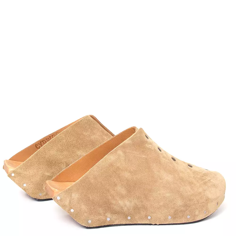 Women's wooden suede clog for showcasing